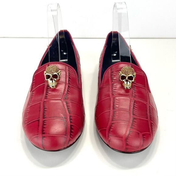Rare New Red Flat/Loafer Sz 9/39 Jeweled Skull Alligator Leather Karen Beckmann - Picture 13 of 14